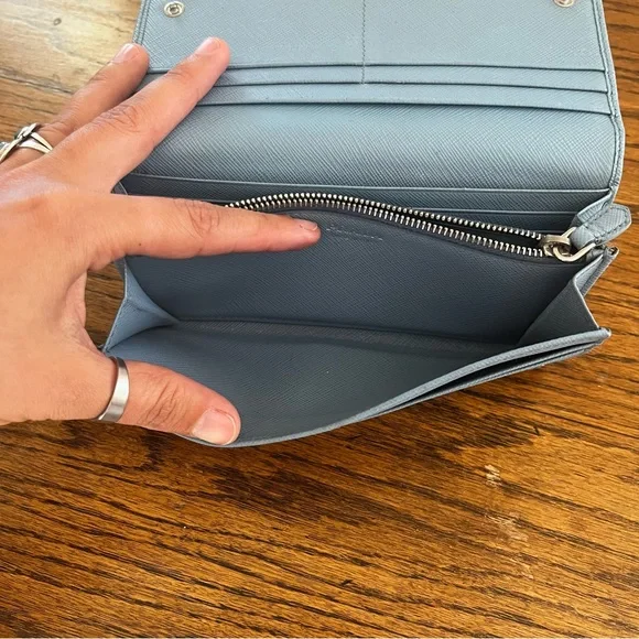 Prada Saffiano Leather Light Blue Metal Flap Bar Continental Wallet - Picture 11 of 13